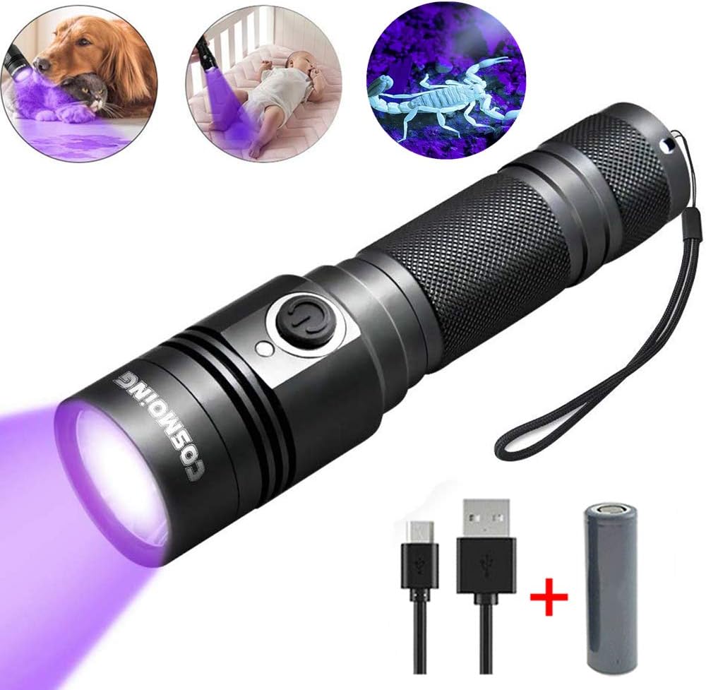 UV Flashlight, LED 395nm Ultraviolet Flashlight, Rechargeable Blacklight Flashlight IP65 Waterproof Detector for Pet Urine, Cat Dog Stains, Bed Bug, Household Wardrobe Toilet (18650 Battery Included)