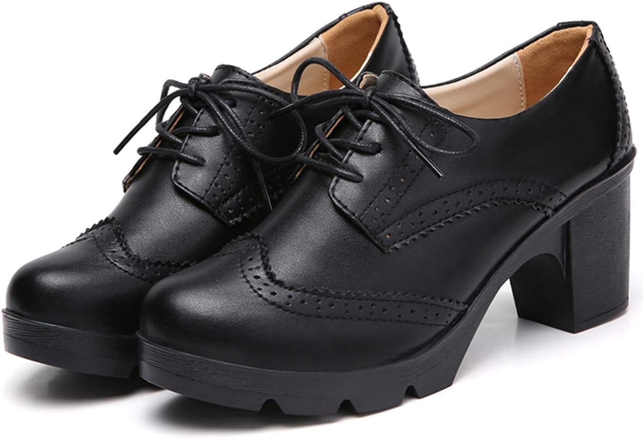  | DADAWEN Women's Leather Classic Lace Up Platform Chunky Mid-Heel Square Toe Oxfords Dress Pump Shoes | Oxfords