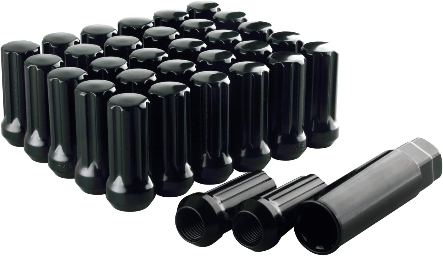 32pc Black Spline Extended Wheel Lug Nuts 14x1.5 with Key - 2" Tall Cone Seat - Compatible with 6 8 Lugs Chevy GMC Aftermarket Wheels Silverado 1500 2500 3500 | 2014-2018 Ram 1500 2500 3500
