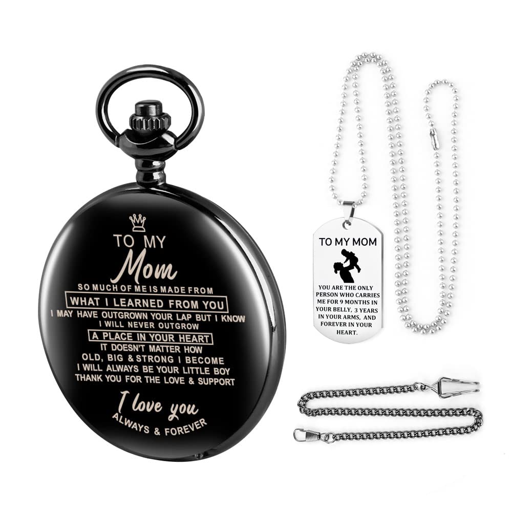 Tiong Personalised Engraved Pocket Watch- to My Mom for Birthday, Valentines, Graduation, Mother's Day Gift, Quartz Pocket Watch for Women with Gift Box