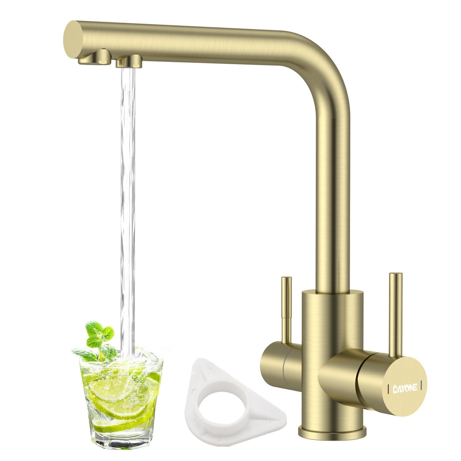 DAYONE Brushed Gold 3 Way Water Filter Tap, Triflow Drinking Water Tap, SUS304 Stainless Steel 360 Swivel Sink Mixer Tap, Dual Lever 3 in 1 Kitchen Sink Mixer, UK G1/2'' Kitchen Faucet โ image 1