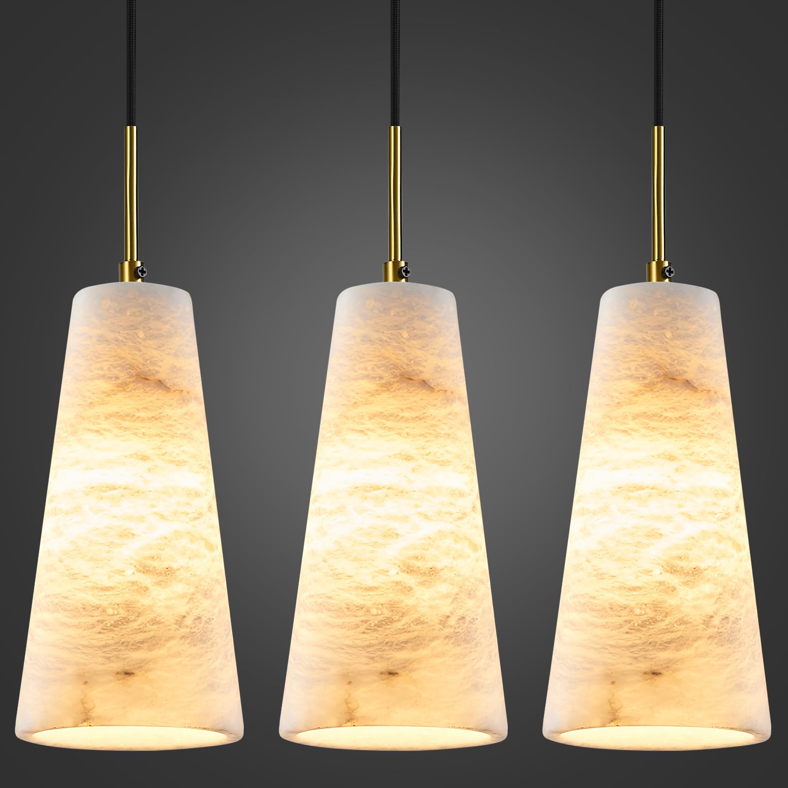 Photo 1 of FDPBY Natural Alabaster Pendant Lights Kitchen Island White Marble Conical Shade Modern Gold Ceiling Light Fixtures for Dining Room Table Living Room Bedroom Hallway (Included E12 Bulb,3-Pack)