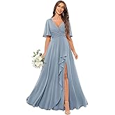 LANGKAAO Short Sleeve Bridesmaid Dresses for Women Ruffle Chifon Formal Wedding Party Dress with Pockets