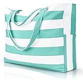 Iioscre Beach Bag for Women, Large Beach Tote Bag with Zipper Pockets, Waterproof Sandproof Swim Bag Pool Vacation Travel