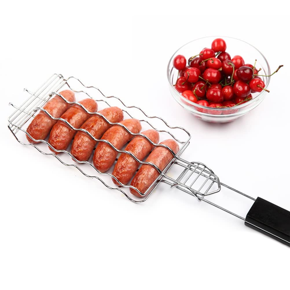 BBQ Sausage Grill Barbecue Grilling Basket 6 Hot Dogs Metal Barbecue Sausage Rack with Long Handle Grill Mesh Clip Holder Picnic Kitchen Tools
