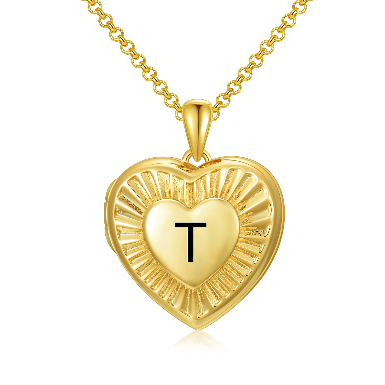 SOULMEET 18ct Gold Plated Silver Radiation Initial Heart Locket Necklace That Holds Pictures Photo Locket Necklace Alphabet T (Locket only)