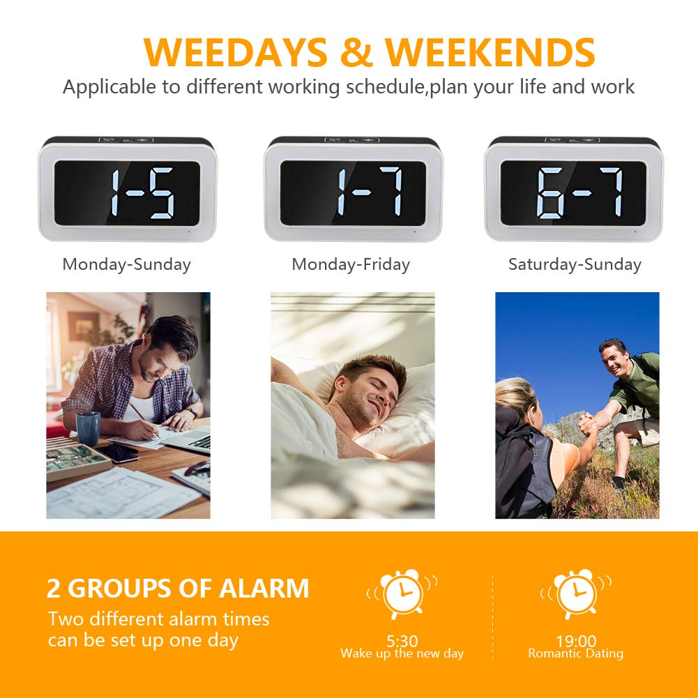 LCD Music Alarm Clock, Digital Clock for Bedroom with Dimmer, Snooze,Rechargeable Clock with Dual Alarm, Smart Touch Backlight,Adjustable Alarm Volume