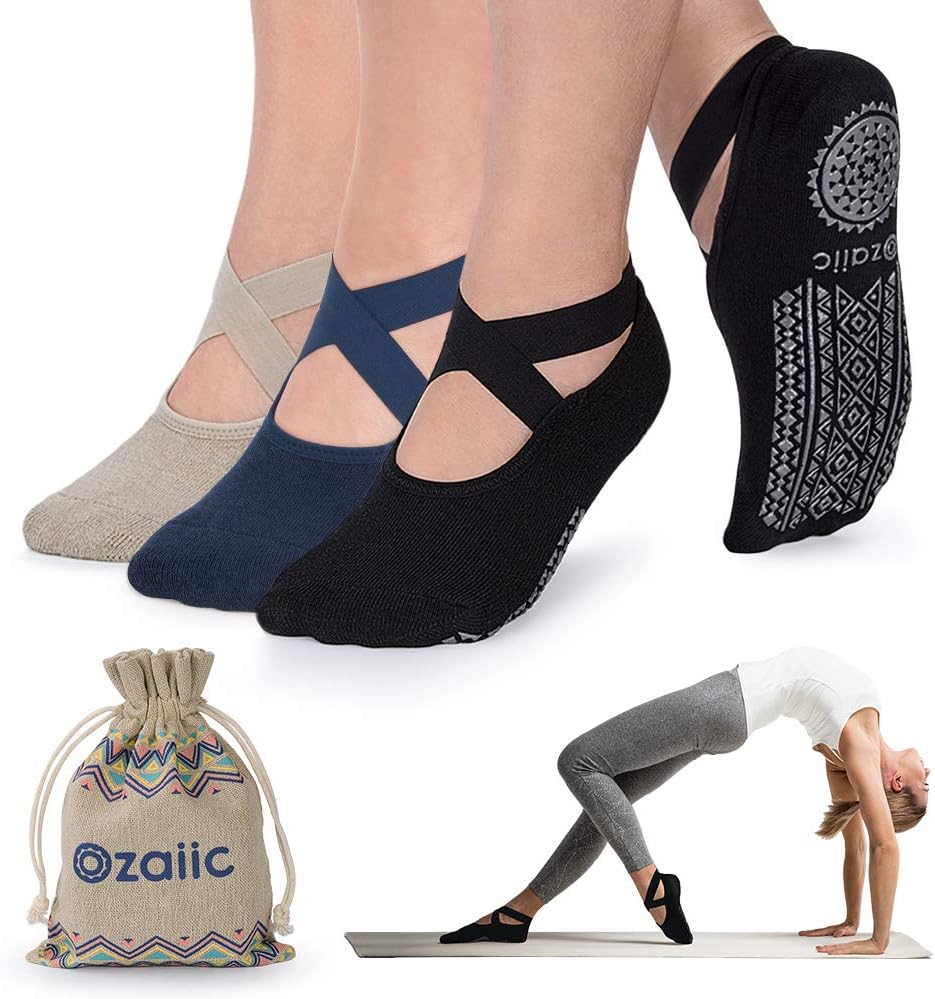 Non Slip Socks for Yoga Pilates Barre Fitness Hospital Socks for Women, 4 Pack