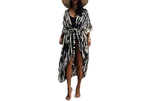 Bsubseach Stylish Tie Dye Open Front Long Kimono Swimsuit Cover Up for Women Swimwear Cover Ups