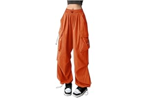 GENERIC Parachute Pants for Women Teen Girls Baggy Y2K Streetwear Solid Cargo Pants American Retro Loose Fit Casual Wide Leg Trousers