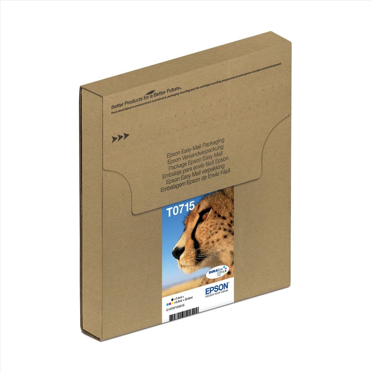 Epson T0715 Cheetah Genuine Multipack, Eco-Friendly Packaging, 4-colours Ink Cartridges, DURABrite Ultra Ink,Black/Cyan/Magenta/Yellow