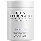 Codeage Teen Clearface Adolescent Face, Skin & Pimples, Vitamins A, C, D3, E, Pantothenic Acid, Niacin, Zinc Supplement Teenagers, Probiotics, L-Lysine, Omega-3, Oily Skin, Pores, Spots - 60 Capsules