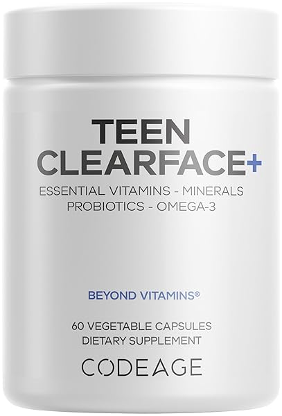 CODEAGE TEEN CLEARFACE ADOLESCENT FACE, SKIN & PIMPLES, VITAMINS A, C, D3, E, PANTOTHENIC ACID, NIACIN, ZINC SUPPLEMENT TEENAGERS, PROBIOTICS, L-LYSINE, OMEGA-3, OILY SKIN, PORES, SPOTS – 60 CAPSULES