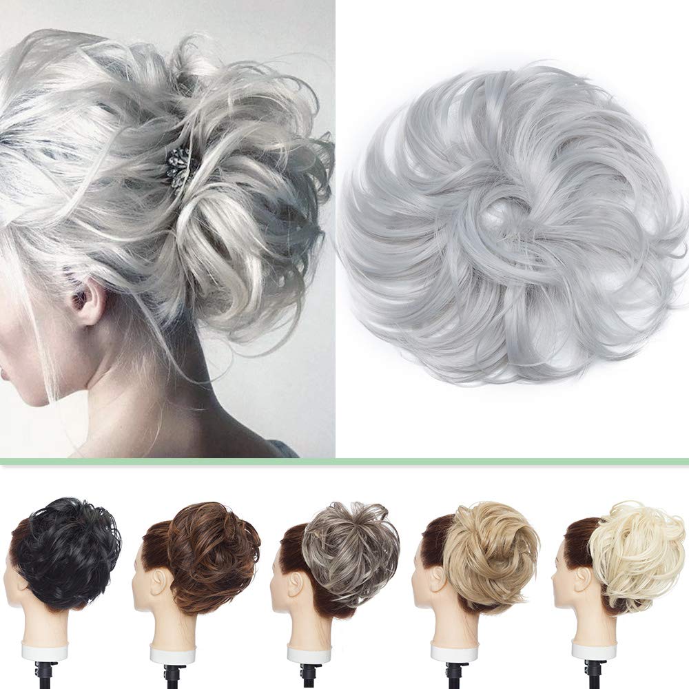 Thick Tousled Updo Messy Hair Bun Short Ponytail Hair Extension With Elastic Band Up do Scrunchies Hairpiece for Women [Silver Grey]