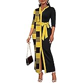 Nmoder Maxi Dress for Women Long Church Cocktail Casual Dresses Colorblock Front Split 3/4 Sleeve V Neck Pencil Dress