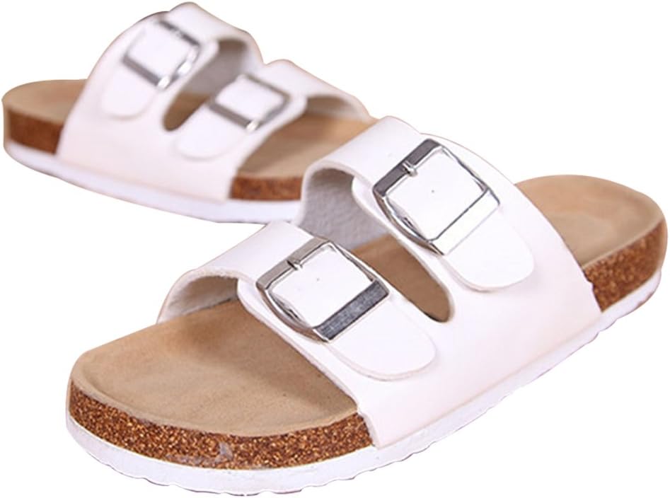 Wonvatu Women’s Summer Slide Sandal Double Buckle Strap Flat Glitter Slip On Cork Shoes