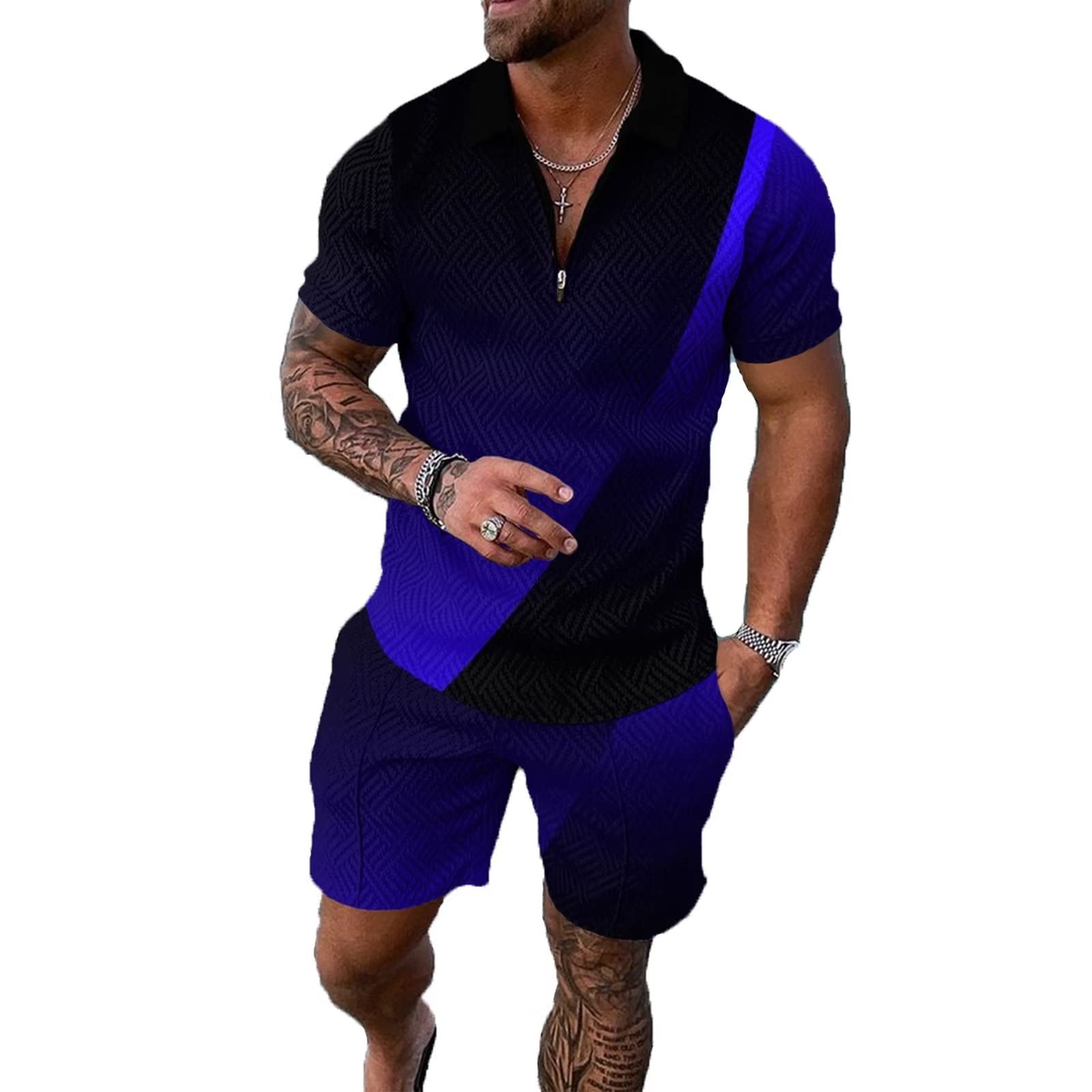Photo 1 of 2XL Black Blue Mixed Mens Short Sets 2 Piece Outfits Fashion Summer Tracksuits Casual Set Polo Shirt Short Sleeve and Shorts Set