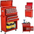 Mete 8-Drawer Rolling Tool Chest, Lockable Large Chest with Wheels, 2-Piece Combo, Portable Top Sliding Drawers and High Capacity Bottom Cabinet, for Garage Warehouse Red