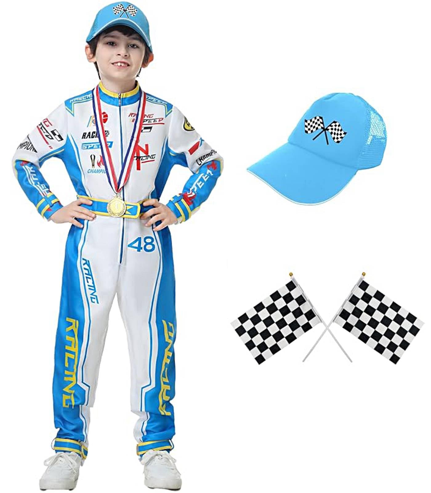 Photo 1 of Treyrea Race Car Driver Costume Boys Racer Jumpsuit With Car Cap Kids Dress Up for Halloween (Blue, M(for height 50"-53"))