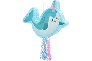 Pull String Narwhal Pinata for Birthday Party Supplies, Under the Sea Party Decorations, Baby Shower (Small, 16.5 x 12.3 x 3 