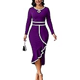 Women's Church Dresses Long Sleeve Work Business Party Dress Bodycon Vintage Wrap Ruffle Midi Pencil Dress
