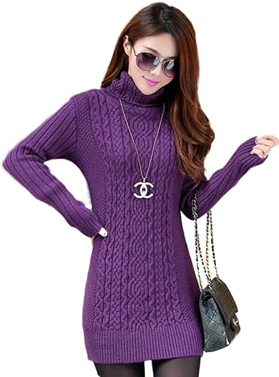 Amazon Co Jp Lecpra レクプラ ハイネック ケーブル ニット チュニック ワンピース レディース 紫 赤 茶 黒 M L Xl 長袖 服 ファッション小物