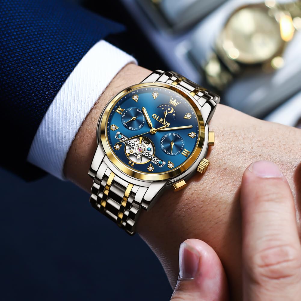 OLEVS Uhr Herren Automatik, Automatik Uhr Herren mit Mondphasenanzeige & Offenem Herzwerk, wasserdichte Herrenuhr Automatik Edelstahl, Uhren Herren für Alltag & Feierlichkeiten 3