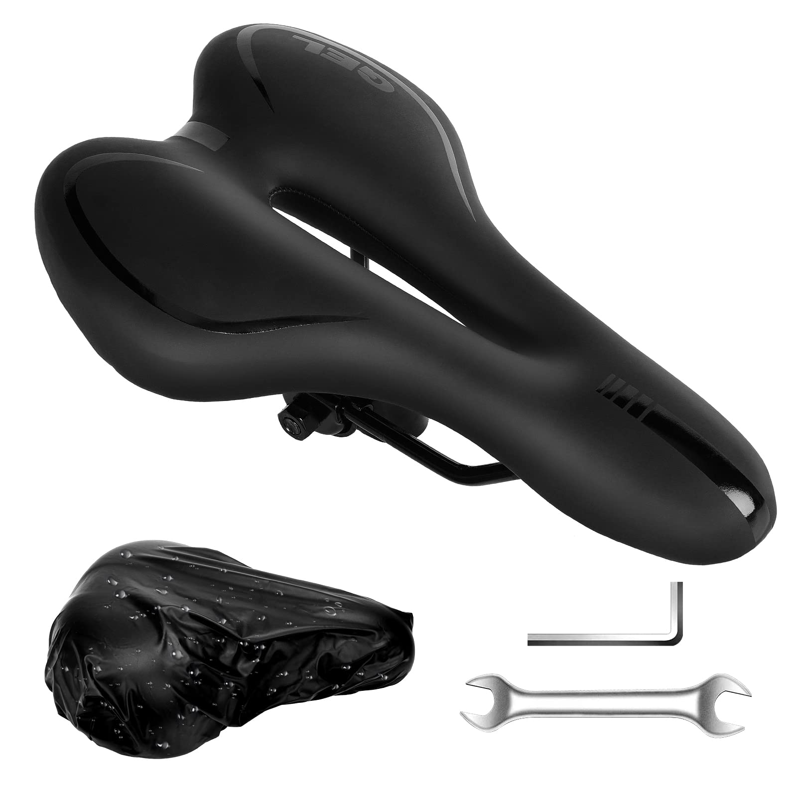 Homoto Gel Bike Seat, Ergonomic Design, Black, Bicycle Saddle with Rain Cover, Fits MTB/City/Road Bikes
