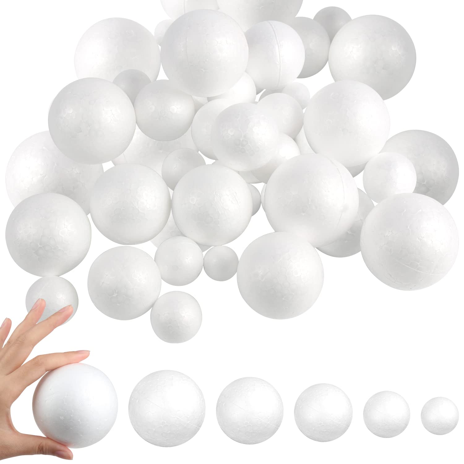 DIYASY 6 Sizes Polystyrene Balls, 30 Pieces White Foam Balls, Craft Foam Balls for School Project, Art Craft and DIY Decoration