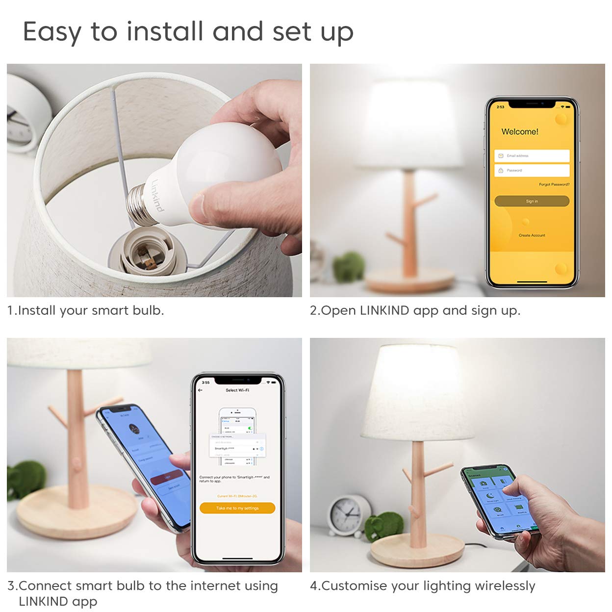 Smart WiFi Light Bulb, Linkind 9W LED Bulb, No Hub Required, Compatible with Alexa, A19 E26 800LM Starter Smart Lights, Soft White & Cold White, (2700k-6500k) Dimmable and Tunable