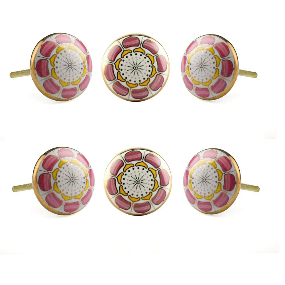 Perilla Home Set of 6 Ceramic Knobs Decorative Merigold Knobs for Home Kitchen Cabinet Hardware Cupboard Door Dresser Wardrobe and Drawer Pulls (Pink)