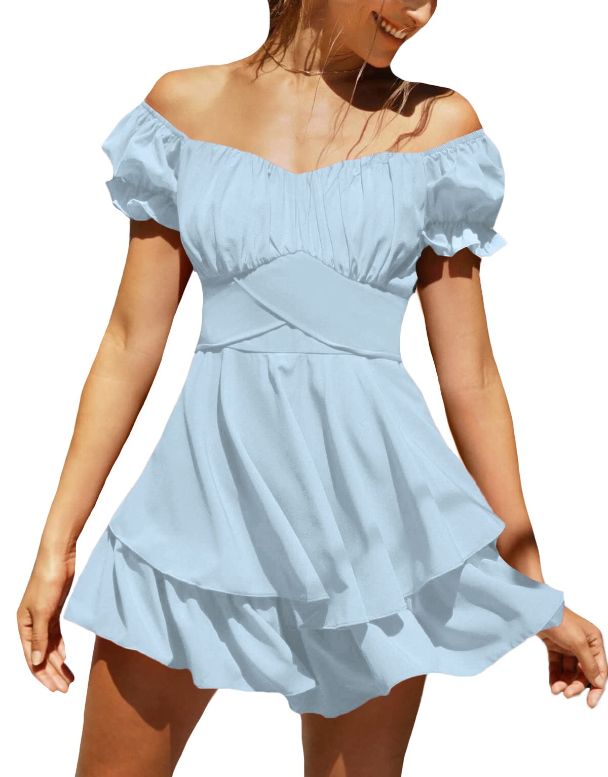 Photo 1 of LYANER Women's Tie Back Off Shoulder Wrap Layer Ruffle Short Sleeve Mini Dress Light Blue X-Large