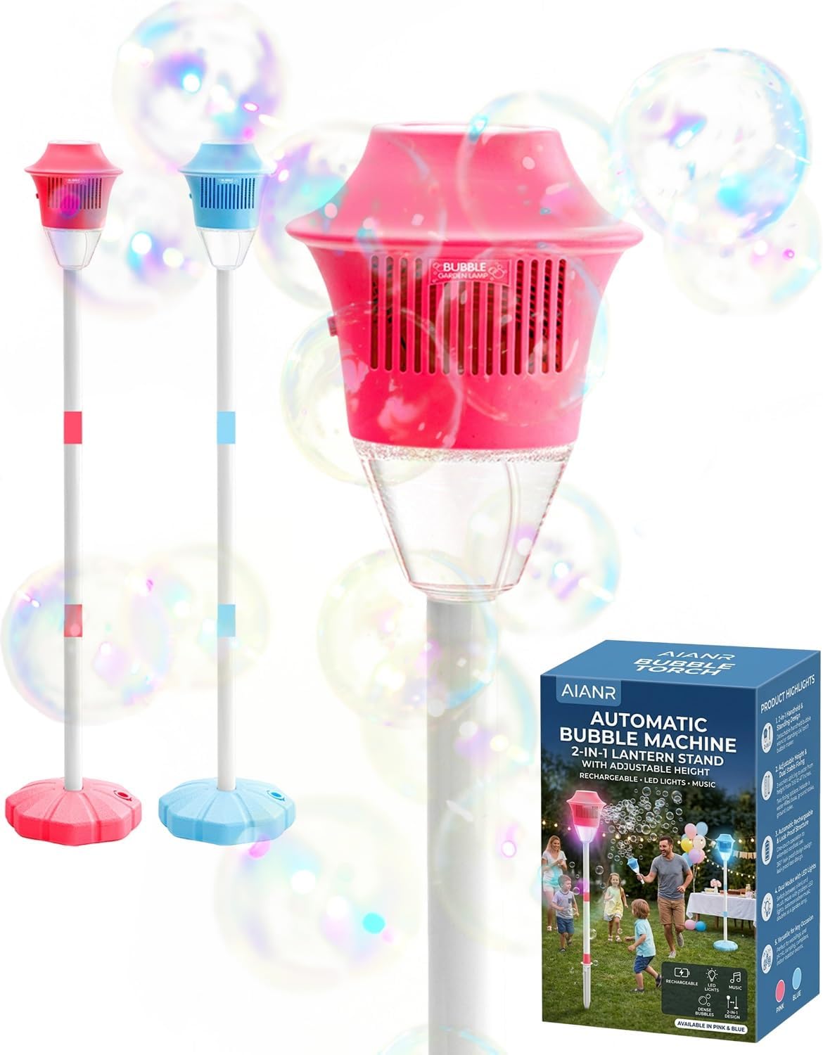 Automatic Bubble Machine 2-in-1 Lantern Stand with Adjustable Height Rechargeable Design Built-in Lights Music for Handheld & Standing Use Ideal for Indoor Outdoor Parties Birthday(Red)