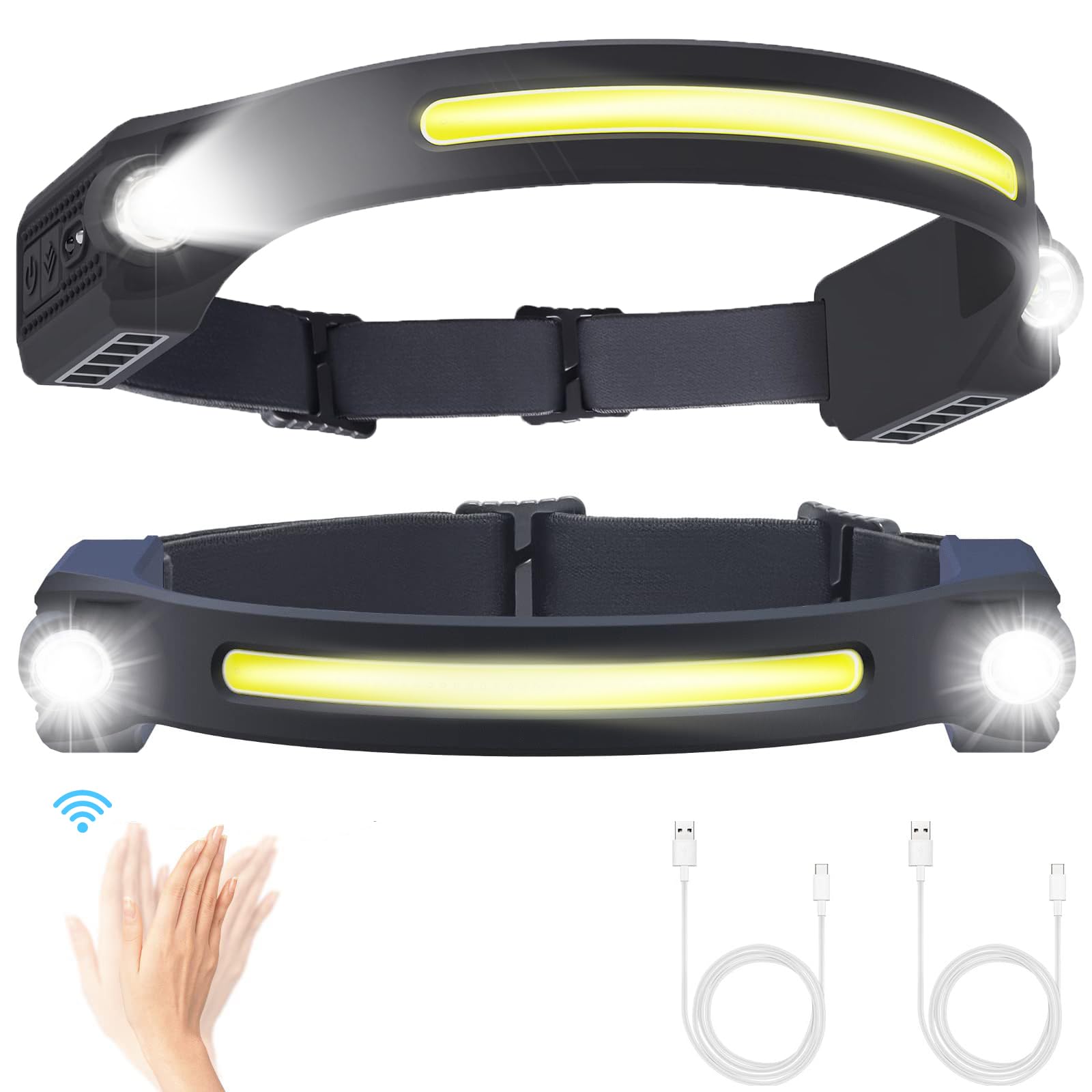 Puersit LED Head Torch USB Rechargeable 2PCS Headlamp 6 Modes Motion Sensor Headlight 260° LED Headtorch Lightweight IPX4 Waterproof Hands-Free Flashlight for Camping,Running,Fishing,Cycling