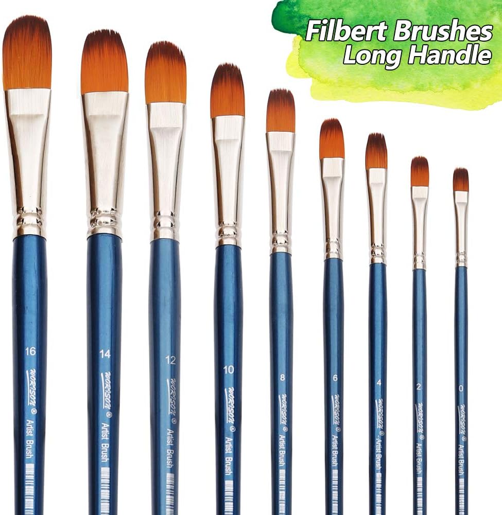Filbert Paint Brushes Set, 9 Pcs Professional Artist Brush for Acrylic Oil Watercolor Gouache Painting Long Handle Brushes Nylon Hair