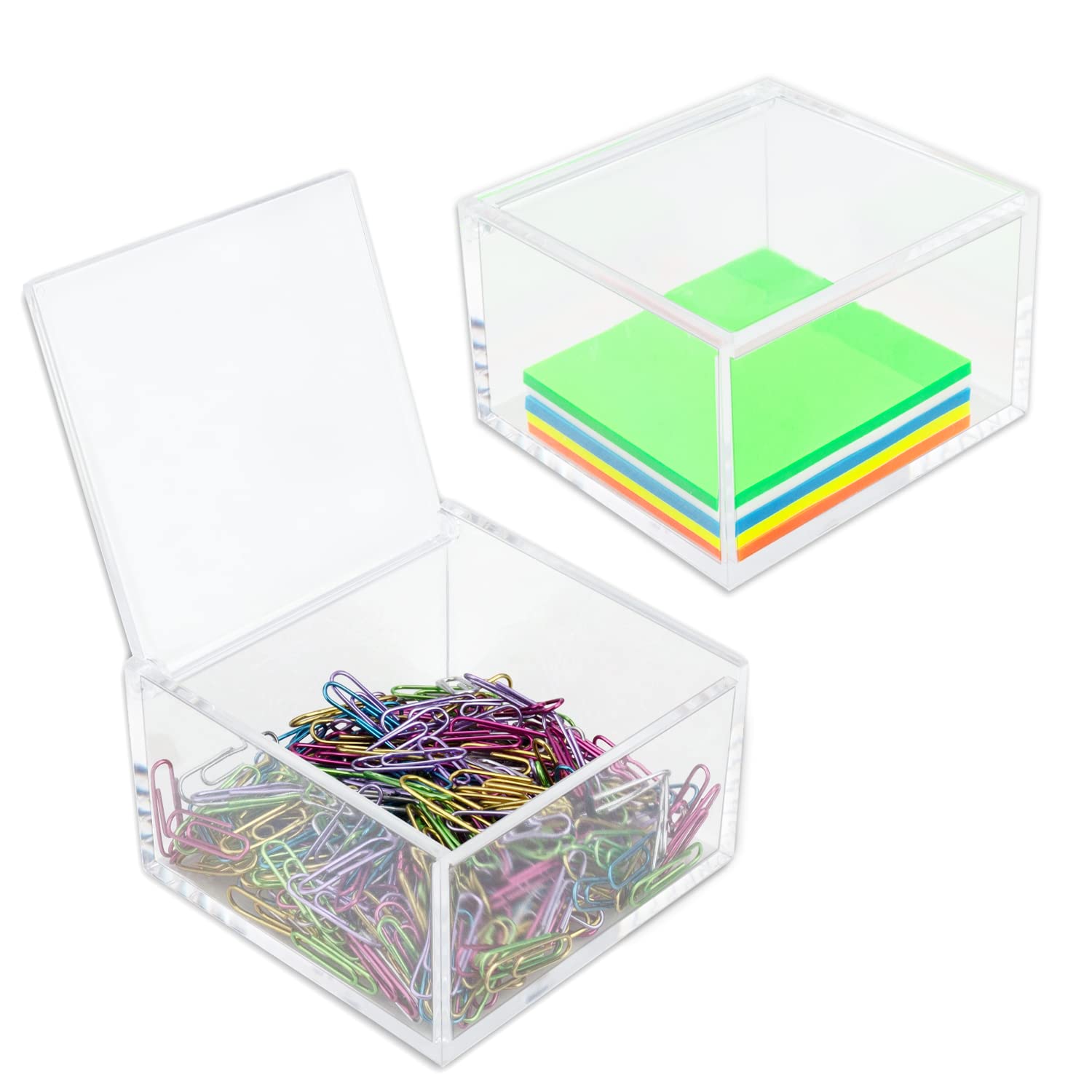 Photo 1 of 2 Pack Clear Acrylic Organizer with Lid for Paper Clips,Sticky Note,Qtip,Cotton Balls,Hair Ties Holder Acrylic Box for Home Office Bathroom Desk Organizer