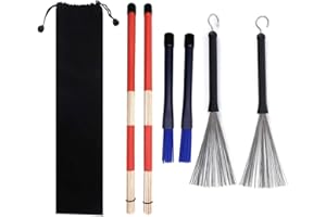 TUOREN 3Pair Drum Brushes Set 1 Pair Drum Wire Brushes, 1 Pair Retractable Nylon Drum Brushes, 1 Pair Rods Drum Sricks Brush 