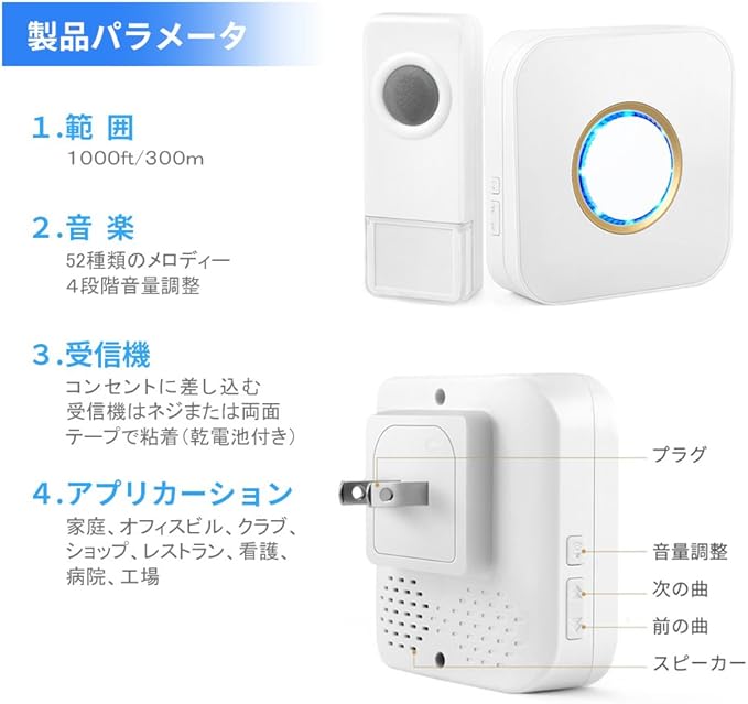 Amazon チャイム インターホンドアホン チャイム呼び出し最高300m無線範囲 防水防仕様 ４段階音量調整 52種チャイム音 インターホン チャイム