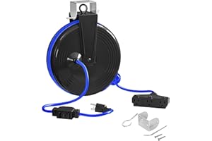 WILAWELS 30 Ft Retractable Extension Cord Reel, 16/3 Gauge SJTOW Power Cord with 3 Electrical Outlets Pigtail for Garage and Shop, 10 Amp Circuit Breaker, Metal Plate, UL Listed, Blue U30ACR06