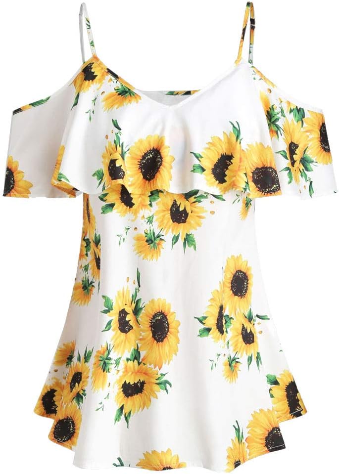 Women Plus Size Camis Tops Ladies Summer Off Shoulder Ruffle Tees Sunflower Printed Flowy Shirts Blouse