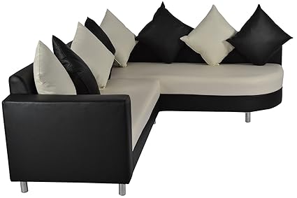 Lifestyle Solutions Zikras Sal Wood 6 Seater L-Shaped Sofa Set, 32 x 126 x 30 Inches (Black and Cream)