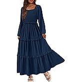 HOSIKA Girls Fall Long Sleeve Swiss Dot Smocked A-Line Ruffle Tiered Flowy Maxi Dress with Pockets 6-12 Years