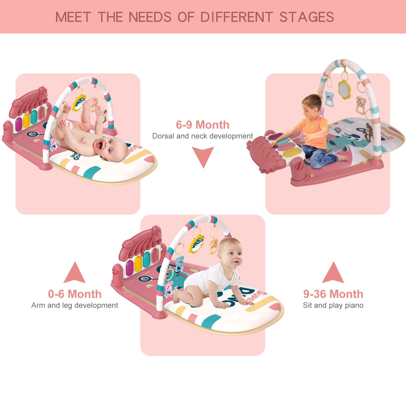 dearlomum Play Mat & Activity Gym, Piano Tummy Time Gym Mat with 5 Infant Sensory Toys, Music and Lights, Gifts for Newborns 0–12 Months (Pink)