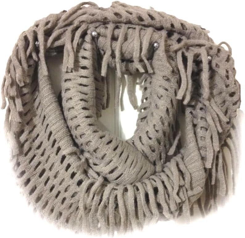 New Design Fringe Knitted Crochet Cutout Infinity Scarf V241 (Light Brown)