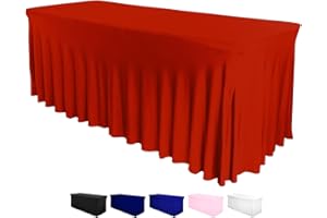 DESTINATION Table Skirt for Rectangular Tables 6ft - Spandex Table Covers for Standard 6 Foot Table - One Piece Fitted Elastic Tablecloth - Wrinkle Resistant Ruffles Design for Weddings, Party, Events (Red)