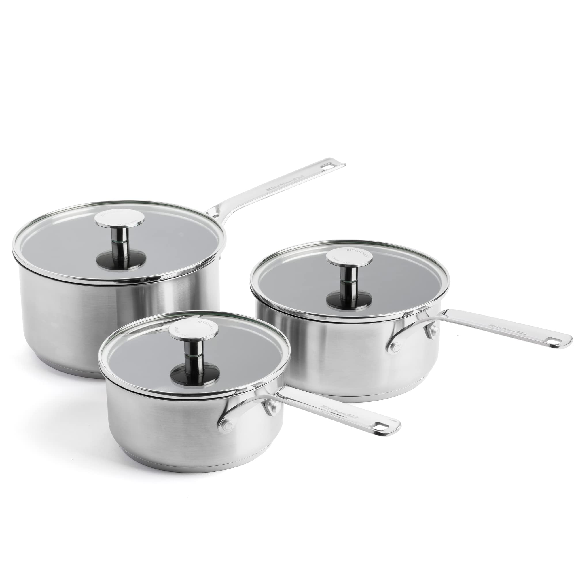 KitchenAid Stainless Steel 3-Layer Non-Stick 16 cm, 18 cm & 20 cm Saucepan Set, Tempered Glass Lids, Multi Clad, Induction, Oven Safe up to 220°C, Silver