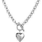 HZMAN Women Stainless Steel Multilayer Necklace Heart Pendant Dog Tag Pendant Chunky Cuban Chain Link Toggle Clasp Necklace