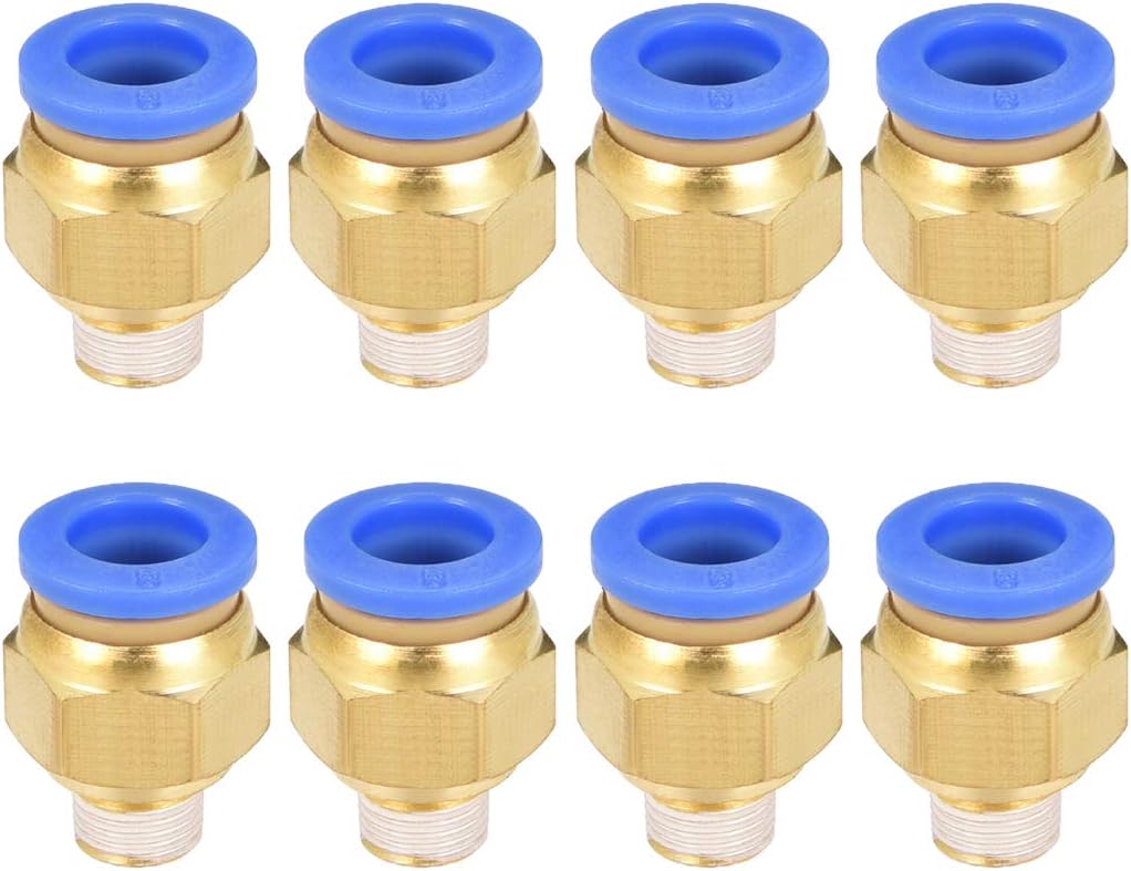 sourcing map Straight Pneumatic Push to Quick Connect Fittings G1/8 Male x 8mm Tube OD 8pcs, Gold,blue, G1/8 x 8mm