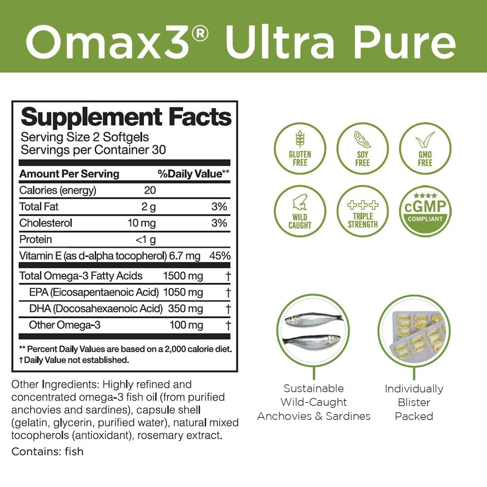 Omax3 Natural Omega 3 Fish Oil Pills 1500 MG EPA DHA - Omega3 Fatty Acid Supplements Muscle & Joint- Gluten Free, Wild Caught, Non GMO, 30-Day Supply Blister Packed (1 Box)