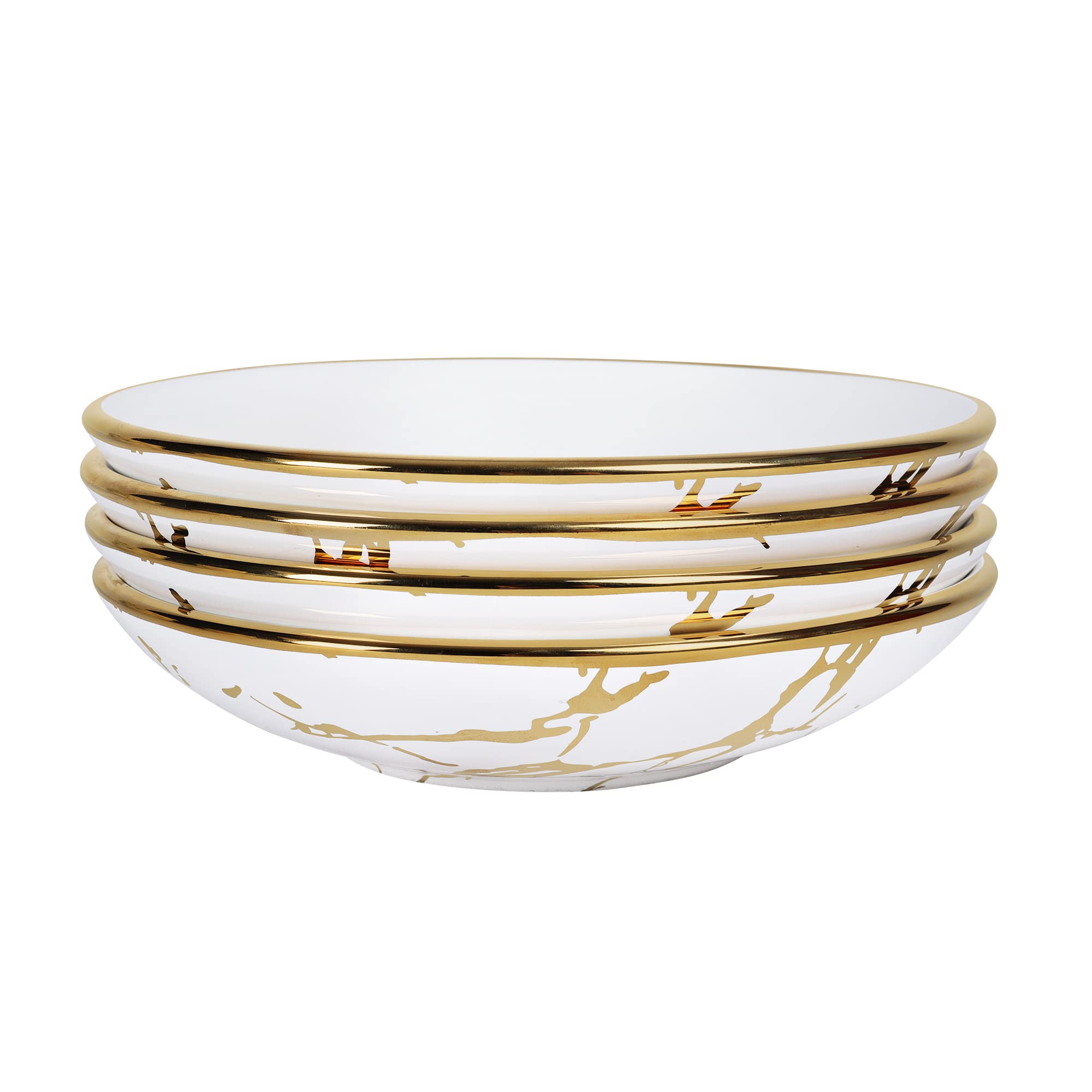 fanquare Marble Porcelain Pasta Bowl Set of 4, 500ml Salad Bowl with Gold Trim, Dishwasher Safe, Easy to Clean